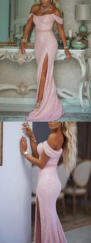 Sparkly Mermaid Pink Off Shoulder High Slit Long Prom Dresses Online,12402