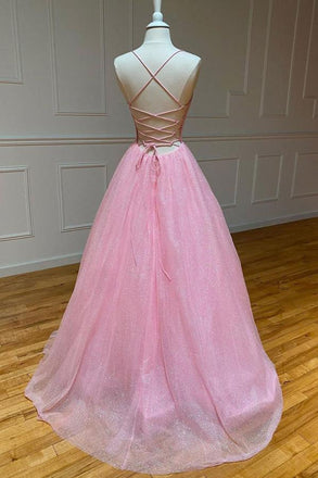 Sparkly Pink A-line Spaghetti Straps V-neck Backless Long Prom Dresses Online,12537