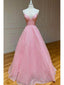 Sparkly Pink A-line Spaghetti Straps V-neck Backless Long Prom Dresses Online,12537