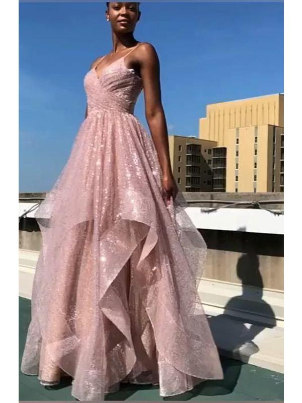 Sparkly Pink A-line V-neck Spaghetti Straps Long Prom Dresses Online,12471
