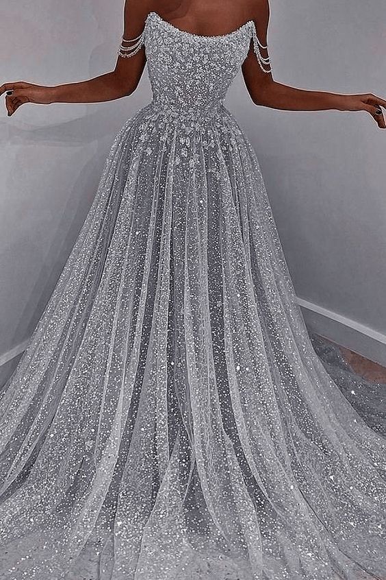 Sparkly Silver A-line Off Shoulder Cheap Maxi Long Prom Dresses,13065