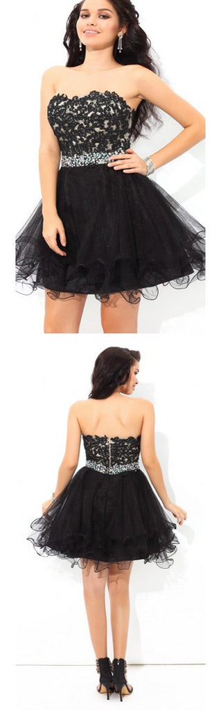 Strapless black lace mini freshman lovely tight homecoming prom gowns dress,BD0061
