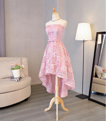 Strapless Lace High Low Pink Homecoming Prom Dresses, Affordable Short Party Prom Sweet 16 Dresses, Perfect Homecoming Cocktail Dresses, CM329