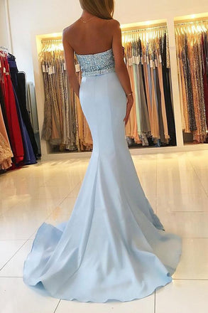 Strapless Light Blue Sweetheart Mermaid Long Custom Evening Prom Dresses, 17455