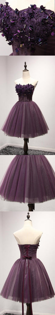 Strapless Purple Lace Homecoming Prom Dresses, Affordable Short Party Corset Back Prom Dresses, Perfect Homecoming Dresses, CM218