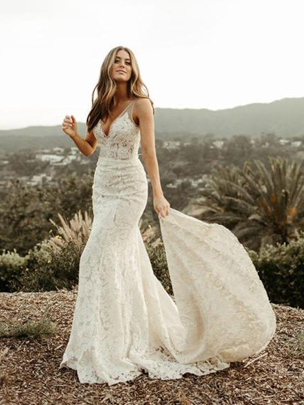 Straps Mermaid backless Handmade Lace Wedding Dresses,WD778