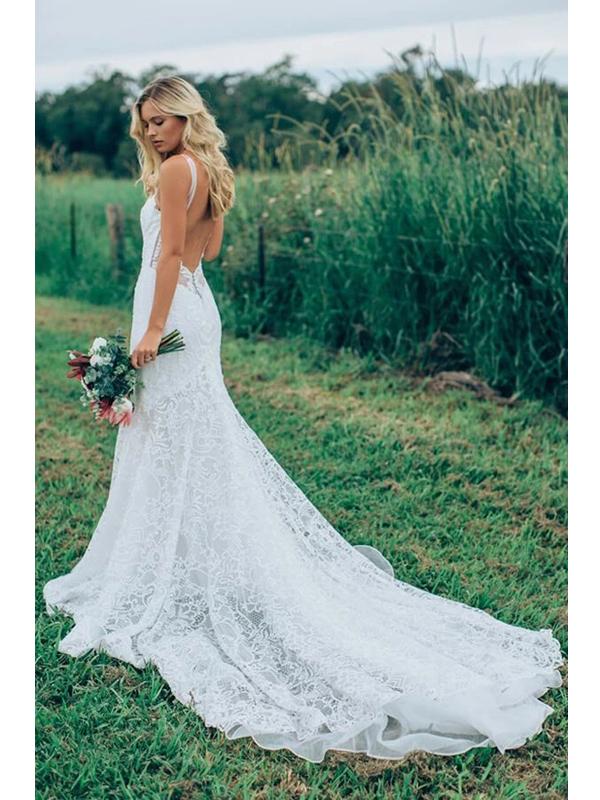 Straps V-neck Backless Long Mermaid Handmade Lace Wedding Dresses,WD775