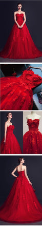 Stunning Red Tulle Sweetheart Appliques Lace Up Ball Gown Wedding Dresses, WD0150