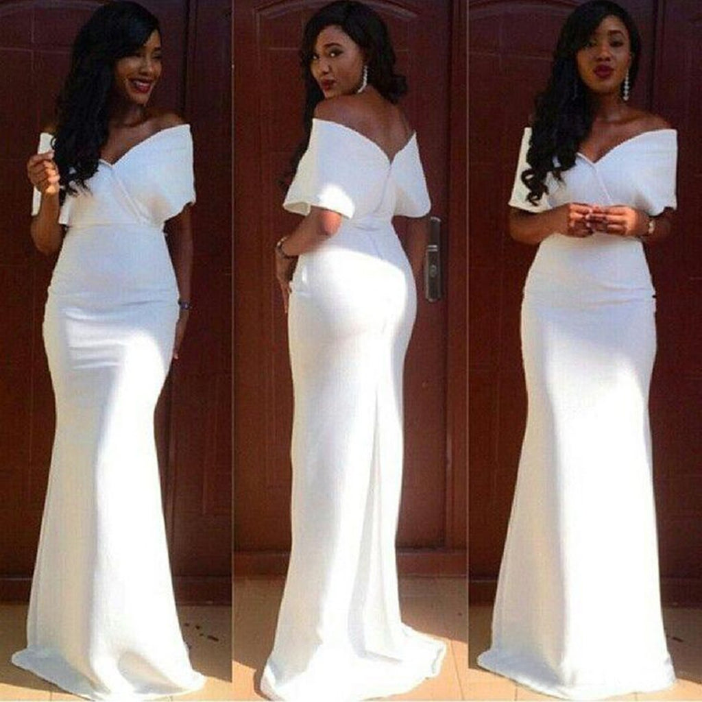 Stylish Sexy Mermaid White Off the Shoulder Long Bridesmaid Dresses Gown Online, WG866