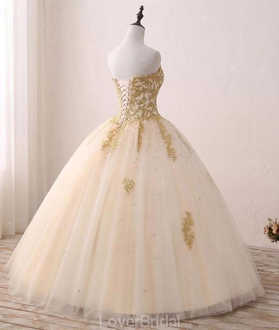Sweetheart Gold Applique Ball Gown Long Evening Prom Dresses, Evening Party Prom Dresses, 12203