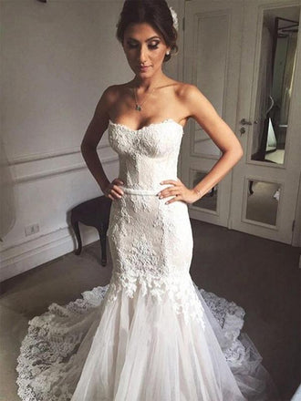 Sweetheart Mermaid Sleeveless Handmade Lace Wedding Dresses,WD761
