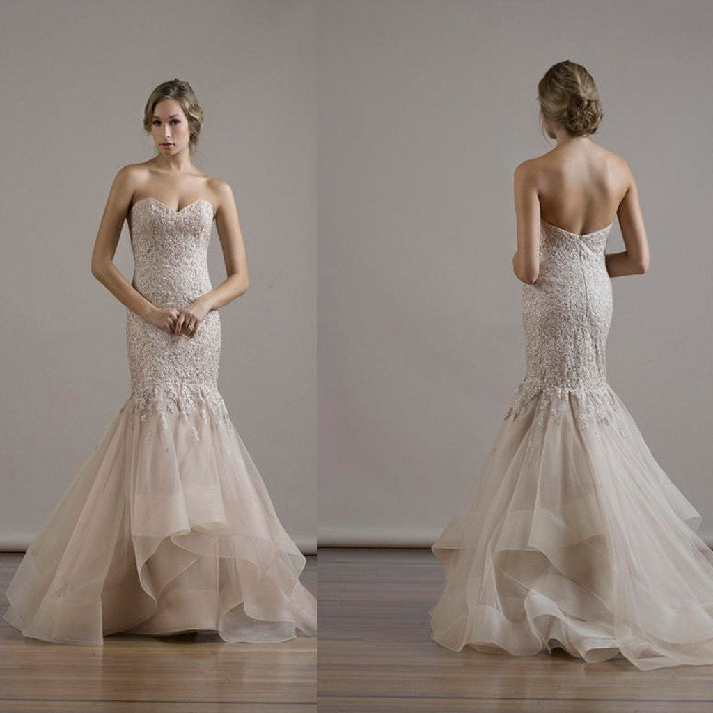 Sweetheart Sexy Mermaid Lace Backless Wedding Party Dresses, Organza Bridal Gown, WD0087