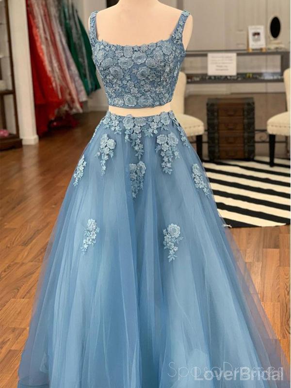 Two Piece Blue Lace Square Long Evening Prom Dresses, Cheap Party Custom Prom Dresses, 18630