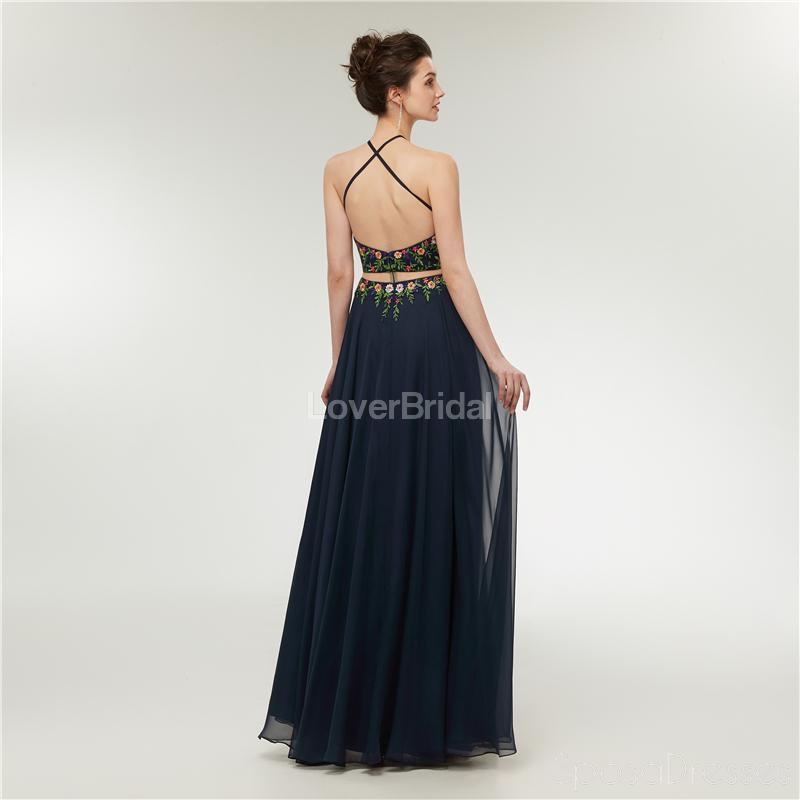 Two Pieces Halter Lace Applique Long Evening Prom Dresses, Evening Party Prom Dresses, 12005