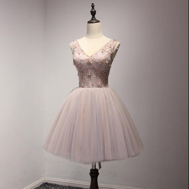 Two Strapless V Neckline Blush Pink Lace See Through Homecoming Prom Dresses, Affordable Short Party Corset Back Prom Dresses, Perfect Homecoming Dresses, CM227