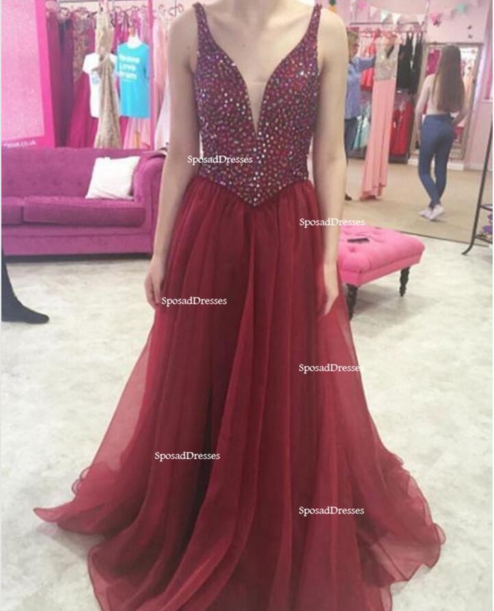 Two Straps Heavily Beaded Dark Red A line Long Evening Prom Dresses, Popular Cheap Long Party Prom Dresses, 17276