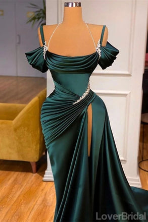 Unique Emerald Green Mermaid Spaghetti Straps High Slit Long Prom Dresses,12647