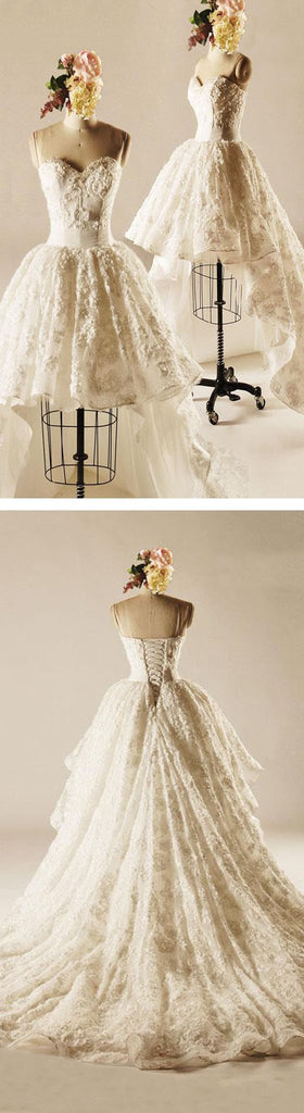 Unique Hi-low Sweetheart Lace Wedding Dresses, Popular Lace Up Bridal Gown, WD0003