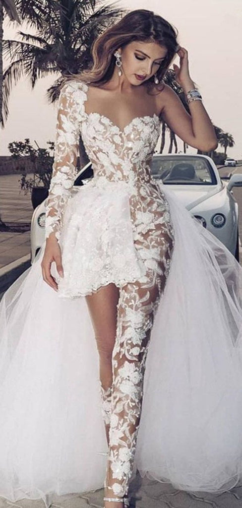 Unique See Through Short One Shoulder Long Sleeve Wedding Dresses,WD727
