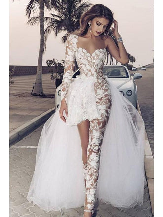 Unique See Through Short One Shoulder Long Sleeve Wedding Dresses,WD727