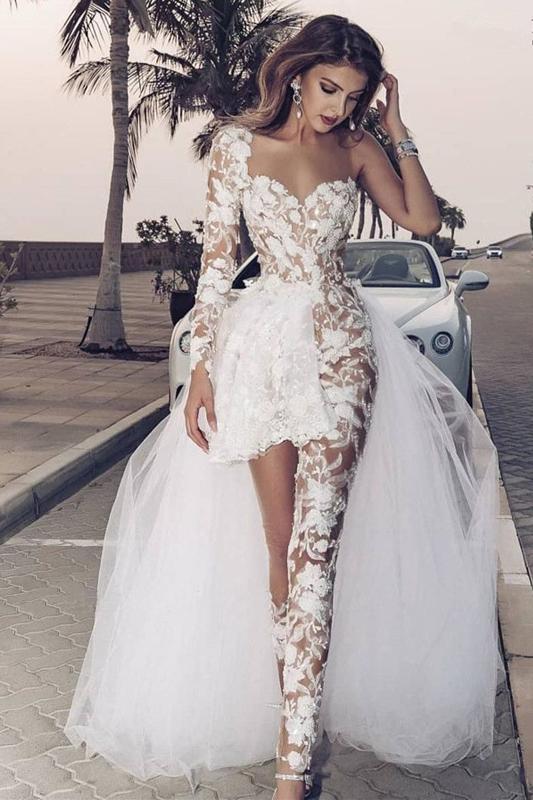 Unique See Through Short One Shoulder Long Sleeve Wedding Dresses,WD727