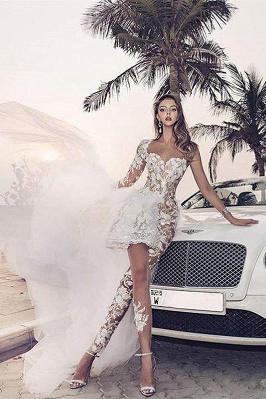 Unique See Through Short One Shoulder Long Sleeve Wedding Dresses,WD727