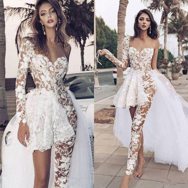 Unique See Through Short One Shoulder Long Sleeve Wedding Dresses,WD727
