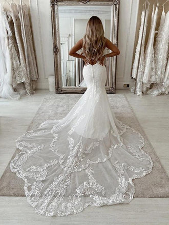 Unique Sleeveless Long Mermaid Backless Handmade Lace Wedding Dresses,WD730