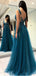 Unique Teal V Neck Side Slit A-line Long Evening Prom Dresses, Cheap Sweet 16 Dresses, 18350