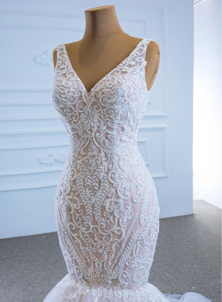 Unique V Neck Lace Mermaid Wedding Dresses, Cheap Wedding Gown, WD722