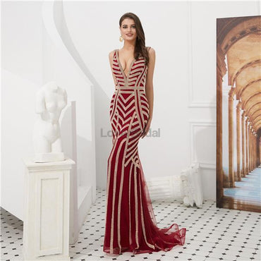 V Neck Beaded Mermaid Sexy Evening Prom Dresses, Evening Party Prom Dresses, 12085