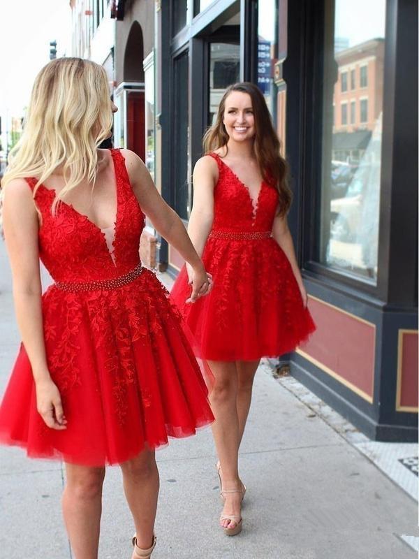 V Neck Bright Red Short Cheap Homecoming Dresses Online, CM826