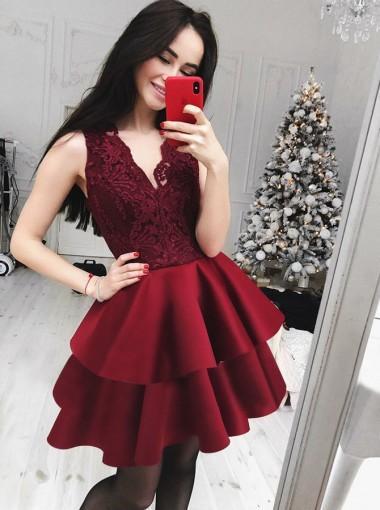 V Neck Burgundy Lace Cheap Short Homecoming Dresses Online, CM616