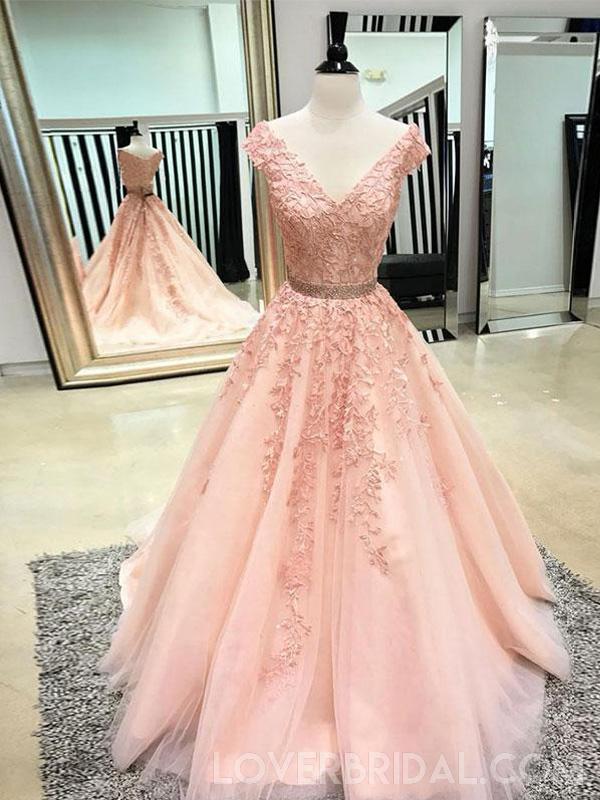 V Neck Cap Sleeves Peach Lace A-line Long Evening Prom Dresses, Cheap Sweet 16 Dresses, 18446