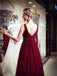 V Neck Dark Red Beaded A-line Evening Prom Dresses, Evening Party Prom Dresses, 12061