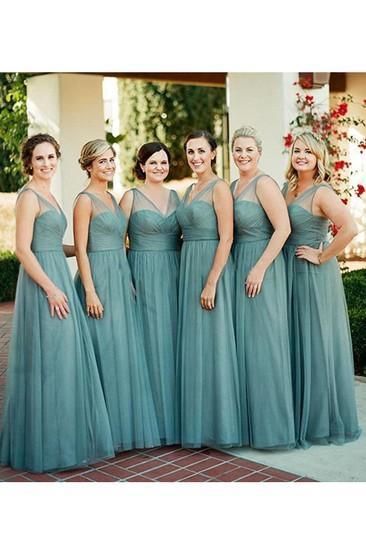 V Neck Green Custom Tulle Long Cheap Bridesmaid Dresses Online, WG341