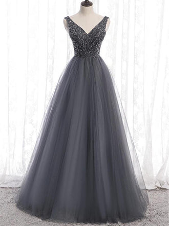 V Neck Grey Beaded Tulle Long Cheap Evening Prom Dresses, Evening Party Prom Dresses, 12331