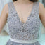 V Neck Grey Tulle A-line Evening Prom Dresses, Evening Party Prom Dresses, 12108