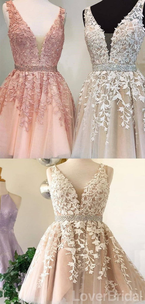 V Neck Lace Beaded Belt Cheap Homecoming Dresses Online, Cheap Short Prom Dresses, CM817