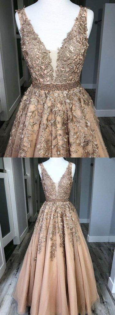 V Neck Lace Beaded Long Evening Prom Dresses, Cheap Custom Party Prom Dresses, 18600