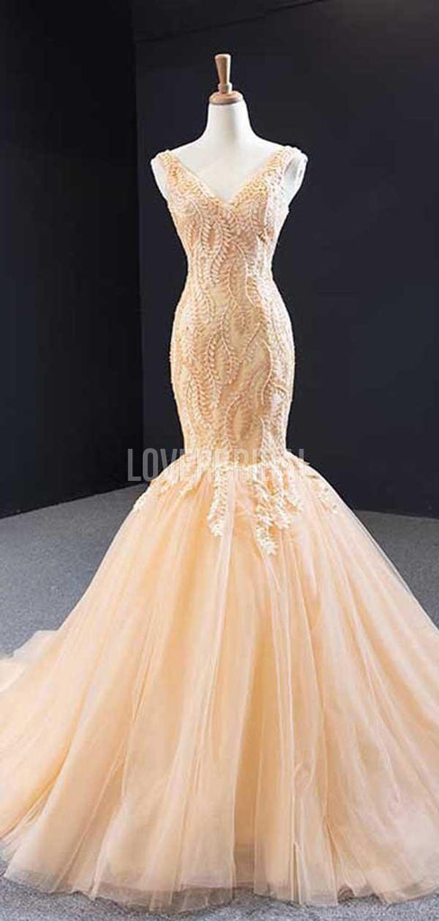 V Neck Lace Mermaid Long Evening Prom Dresses, Evening Party Prom Dresses, 12237