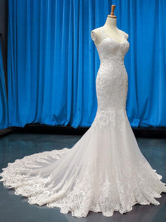 V Neck Lace Mermaid Wedding Dresses, Cheap Wedding Gown, WD721