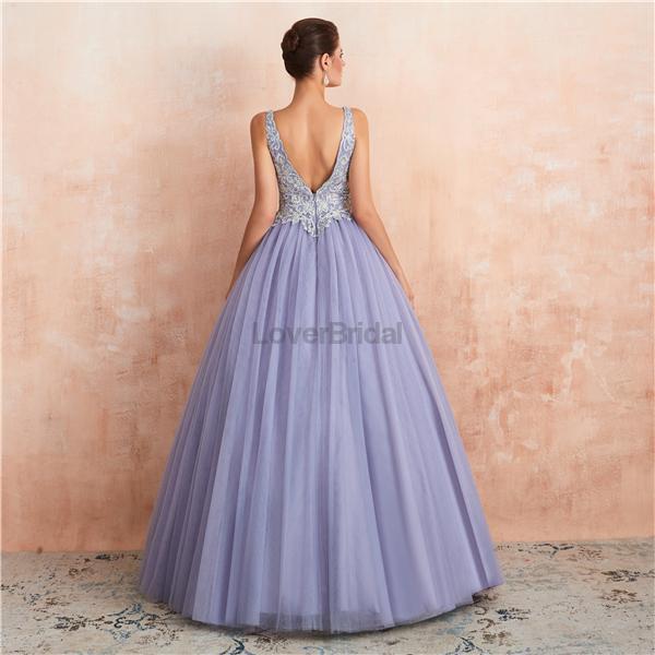 V Neck Lilac Lace Beaded A-line Long Evening Prom Dresses, Evening Party Prom Dresses, 12133