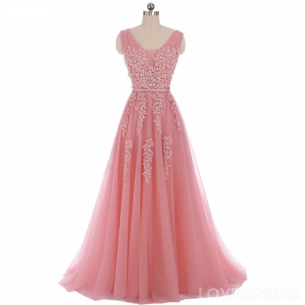 V Neck Peach Lace Cheap Long Evening Prom Dresses, Cheap Custom Sweet 16 Dresses, 18512