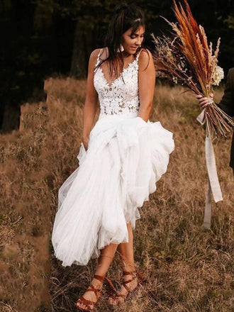 V Neck See Through Cheap Beach Wedding Dresses Online, Cheap Bridal Dresses, WD650