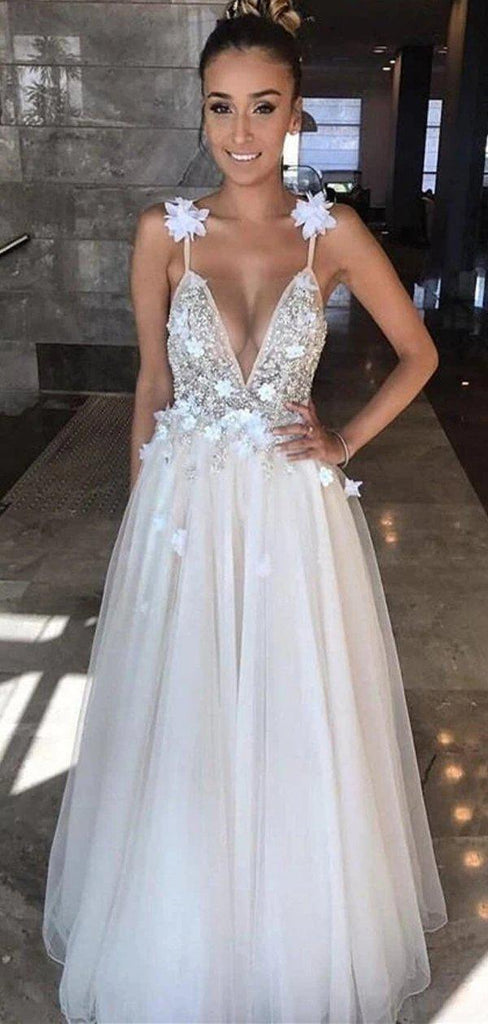 V Neck Spaghetti Straps Beading A-line Wedding Dresses, Cheap Wedding Gown, WD694