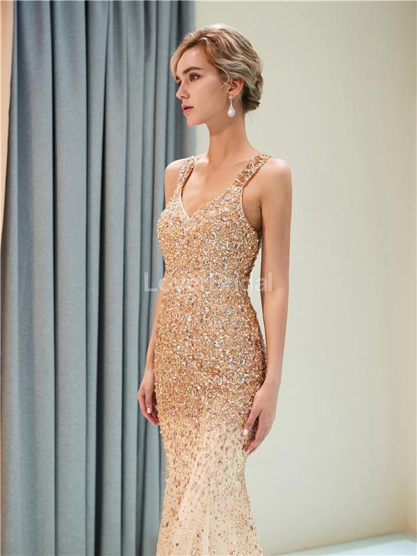 V Neck Sparkly Gold Rhinestone Beaded Mermaid Evening Prom Dresses, Evening Party Prom Dresses, 12035