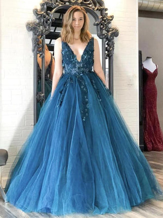 V Neck Teal Applique A-line Long Evening Prom Dresses, Evening Party Prom Dresses, 12302