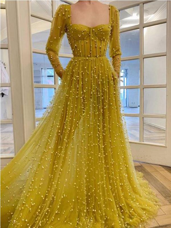 Yellow A-line Long Sleeves Prom Dresses Online, Evening Party Dresses,12541