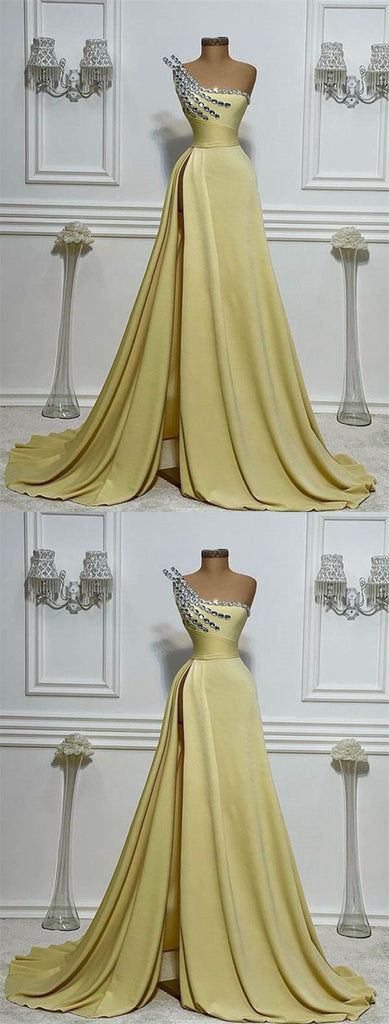Yellow A-line One Shoulder High Slit Cheap Long Prom Dresses Online,12496
